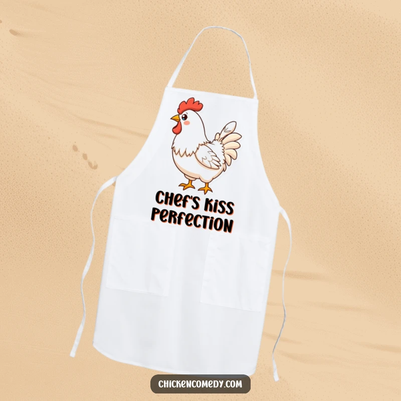 Funny Proud Chicken Apron showing a chicken proudly displaying a perfect feather, perfect for kitchen style and humor.