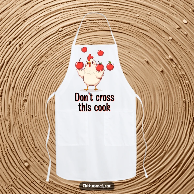 Funny Chicken Barista Apron, a humorous kitchen textile with a playful chicken juggling apples, perfect funny gift.