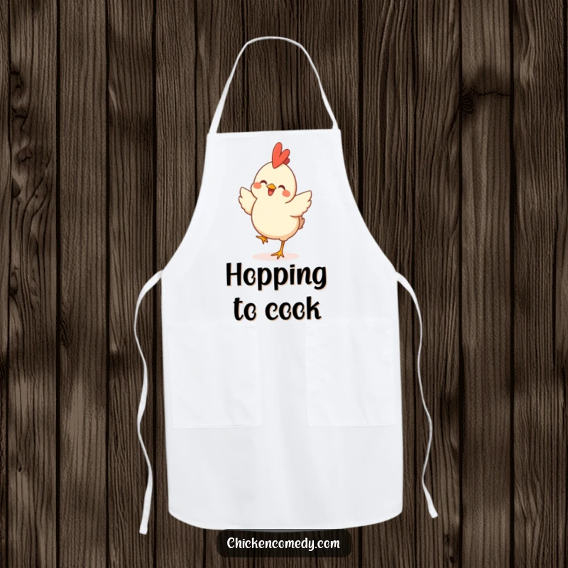 Funny Happy Chicken Apron showing a joyful chicken performing a cheerful hop, perfect for kitchen fun and cooking.