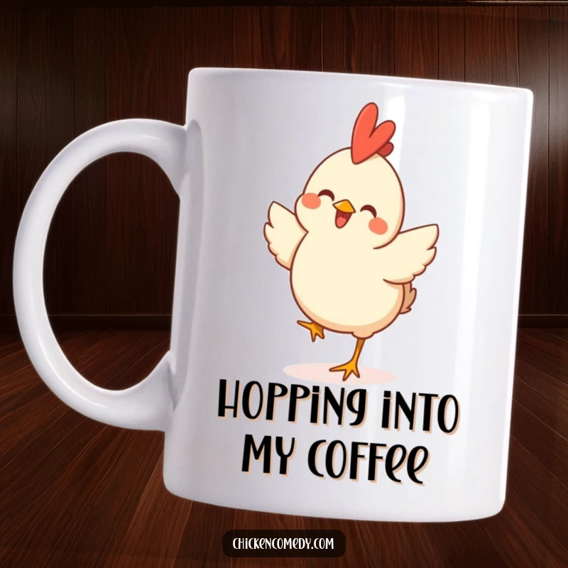 Funny Happy Chicken Mug depicting a joyful chicken leaping in a celebratory hop, full of boundless energy.