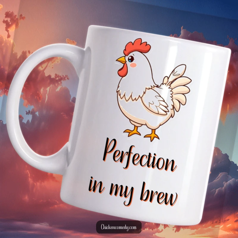 Funny Proud Chicken Mug depicting a chicken displaying a single, perfect feather with an air of self-importance.