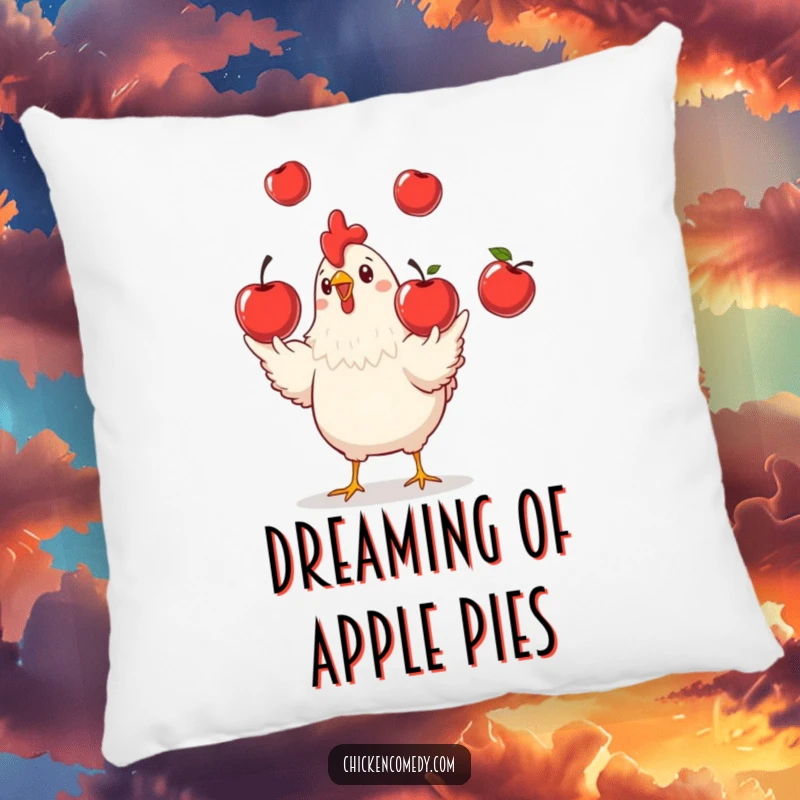 Funny Chicken Juggling Pillow, soft and decorative with a playful chicken juggling apples, a great funny gift.