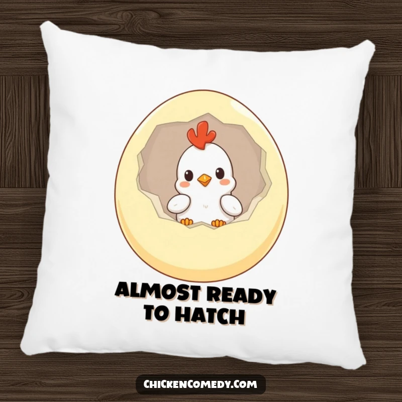 Funny Chicken Pillow showing a curious chick peeking out of a large egg, ideal for naps and humorous decor.