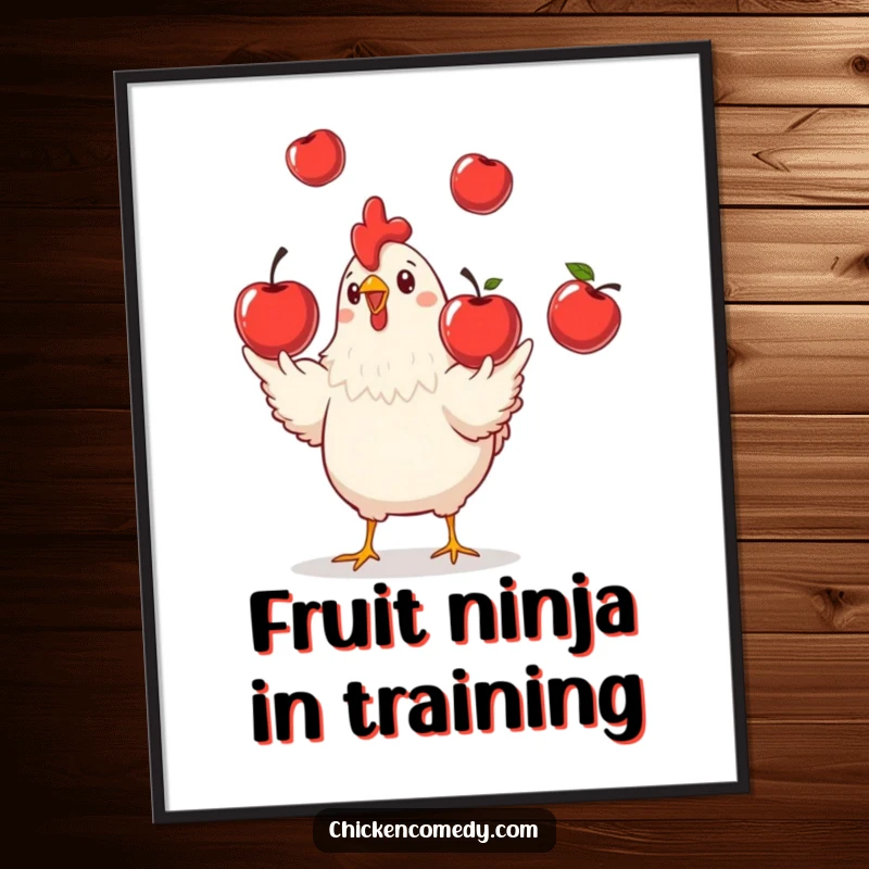 Funny Chicken Juggling Digital Art Print, humorous artwork of a playful chicken juggling apples, ideal funny gift.