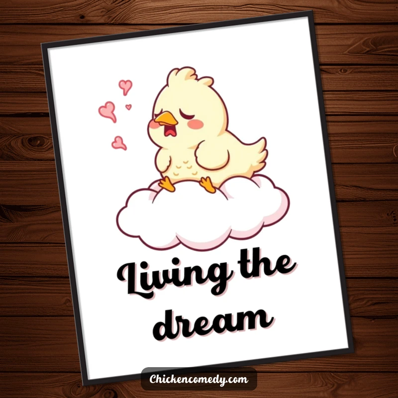 Funny Sleepy Chicken Digital Art Print of a chicken yawning on a soft cloud, ideal for instant home decor.
