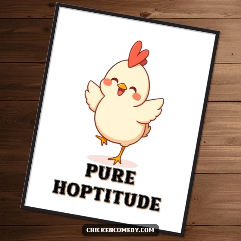 Funny Happy Chicken Digital Art Print of a joyful chicken in a celebratory hop, ideal for instant home decor.