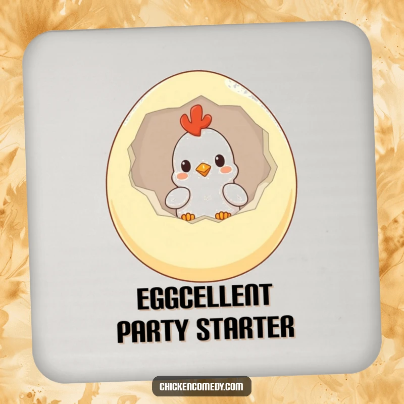 Funny Chicken Coaster displaying a curious chick peeking from a large egg, protecting tables with humor.