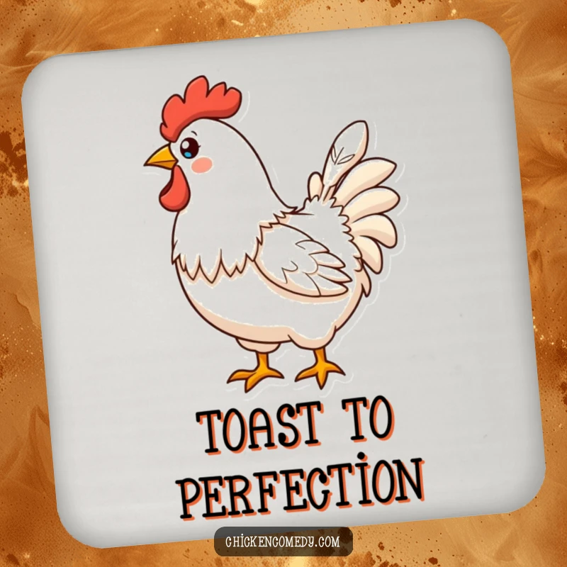 Funny Proud Chicken Coaster showing a chicken displaying a perfect feather, protecting tables with humor and style.