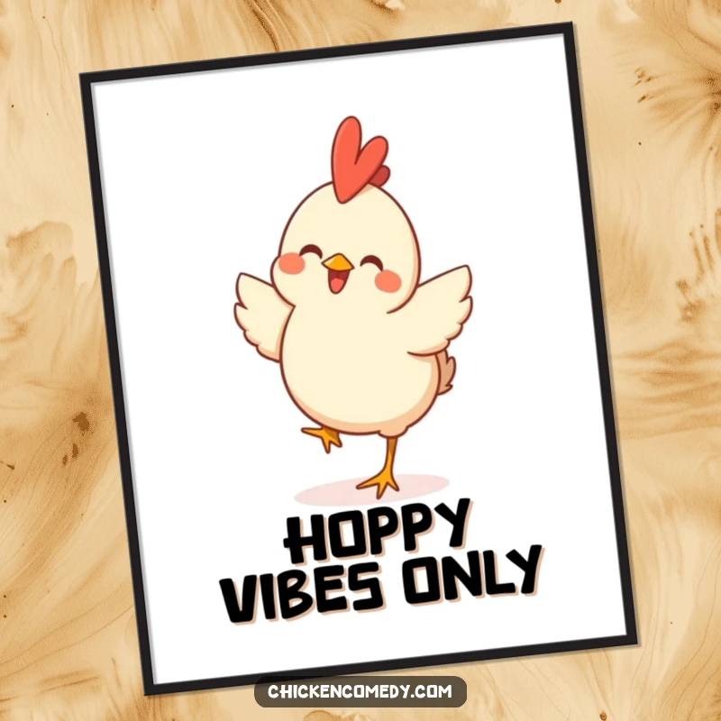 Funny Happy Chicken Poster depicting a joyful chicken leaping in a celebratory hop, adding vibrant energy to walls.