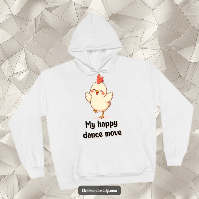 Funny Happy Chicken Hoodie depicting a joyous chicken performing a cheerful hop, perfect for cozy, uplifting wear.
