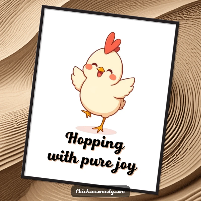 Funny Free Printable Wall Art: A happy chicken is captured mid-hop, symbolizing pure joy and playful energy.