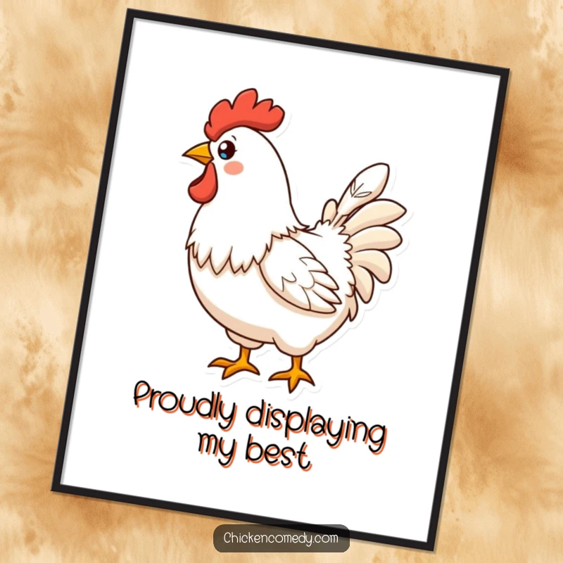 Funny Free Printable Wall Art: A proud chicken stands tall, displaying a single, impeccable feather with confidence.
