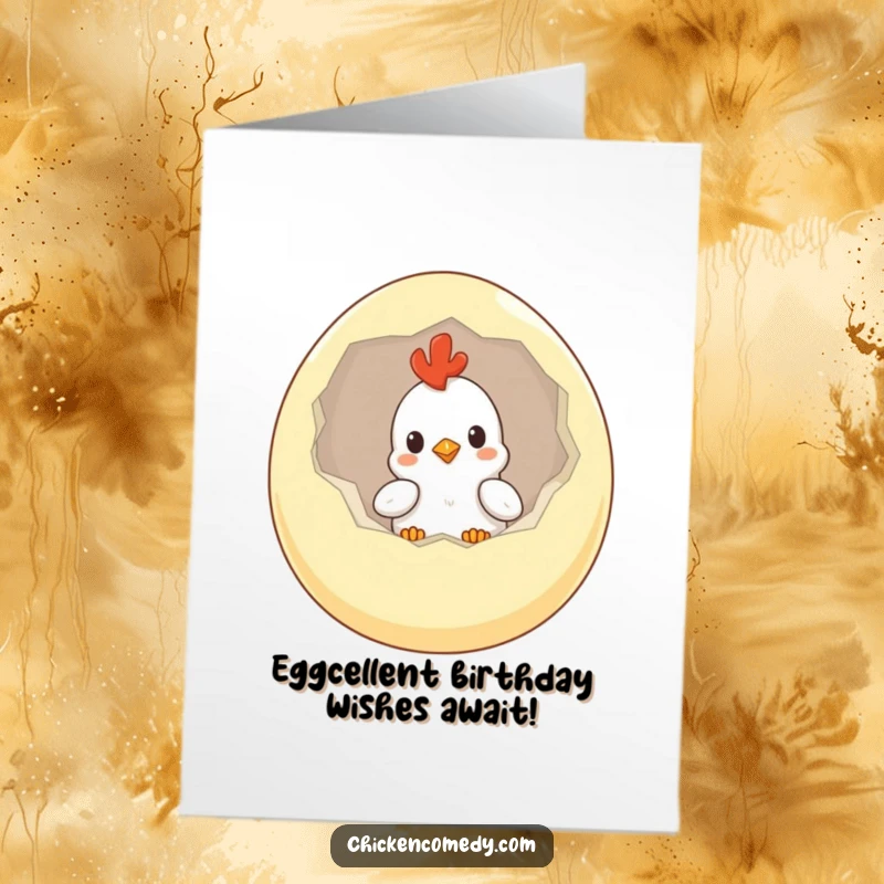 Funny Free Printable Birthday Card featuring a curious chicken peeking from a giant egg, ready to hatch some birthday cheer.