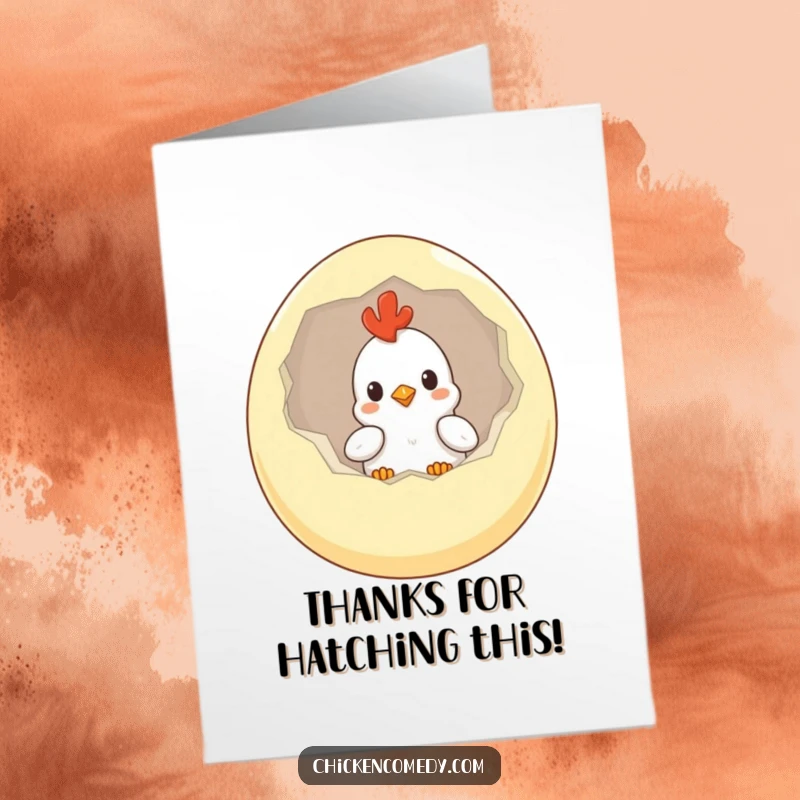 Funny Free Printable Thank You Card showing a curious chicken peeking out of a large egg, expressing thanks.