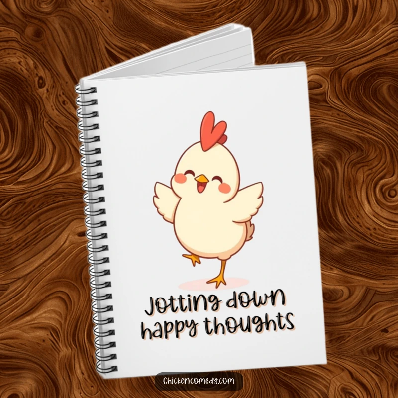 Funny Happy Chicken Notebook with a joyful chicken in mid-hop, ideal for writing, planning, and creative notes.