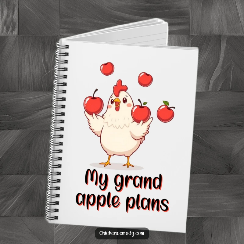 Funny Chicken Juggling Notebook, perfect for notes with a playful chicken juggling apples, a fantastic funny gift.