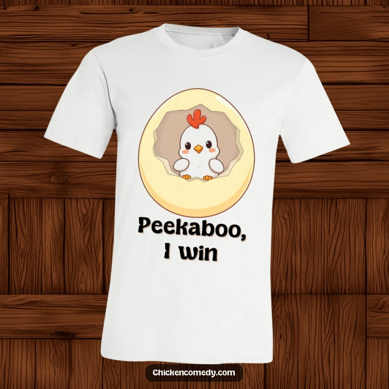 Funny Chicken T-Shirt showcasing an inquisitive chick peeking out of an oversized egg, ready for adventure.