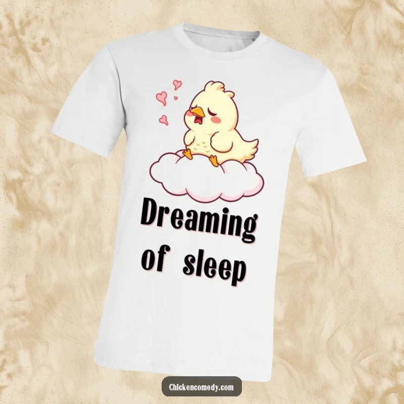 Funny Sleepy Chicken T-Shirt featuring a chicken yawning while resting on a fluffy cloud, perfect for relaxation.