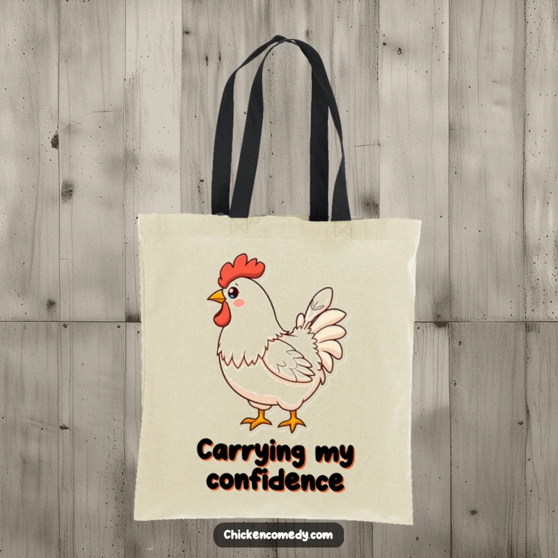 Funny Proud Chicken Tote Bag showcasing a chicken proudly holding a single perfect feather, ideal for style and humor.