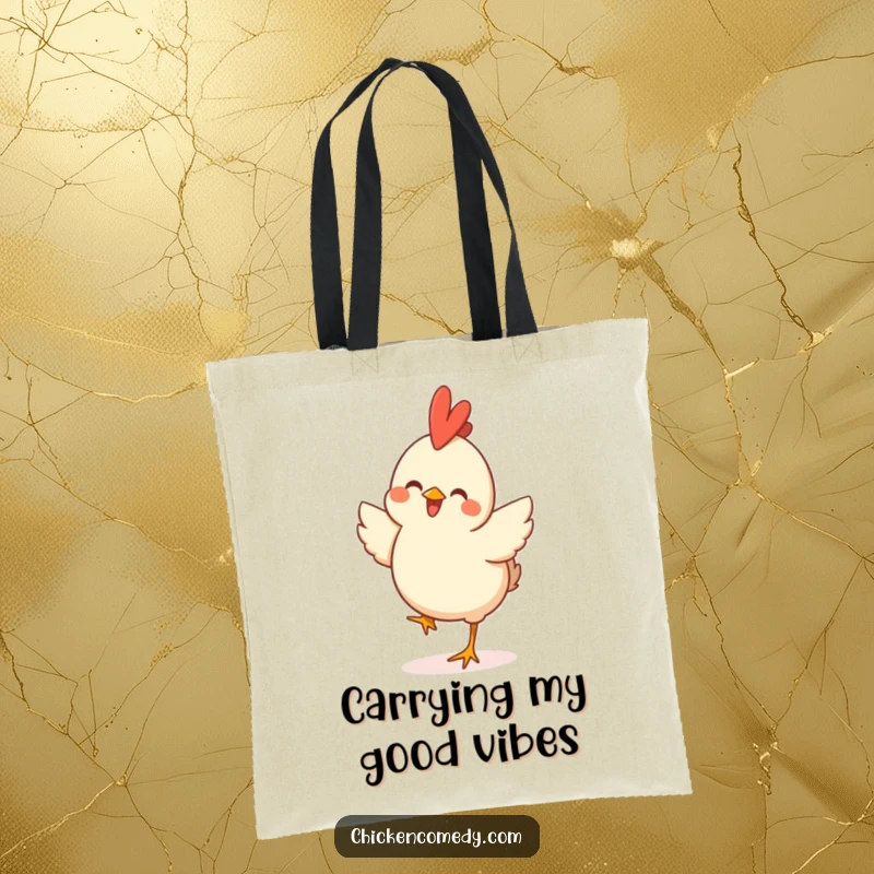 Funny Happy Chicken Tote Bag showcasing a joyful chicken in a celebratory hop, perfect for shopping and daily use.