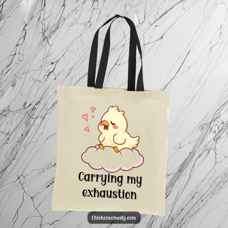 Funny Sleepy Chicken Tote Bag showcasing a chicken yawning on a cloud, perfect for carrying essentials with calm.